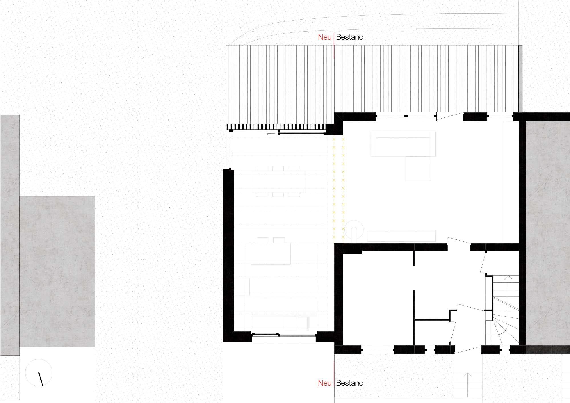 Erdgeschoss - Anbau aus Holz | An- und Umbau einer Doppelhaushälfte für eine Familie | Konstruktiver Holzbau mit Fassade aus Lärchenholz in Berlin