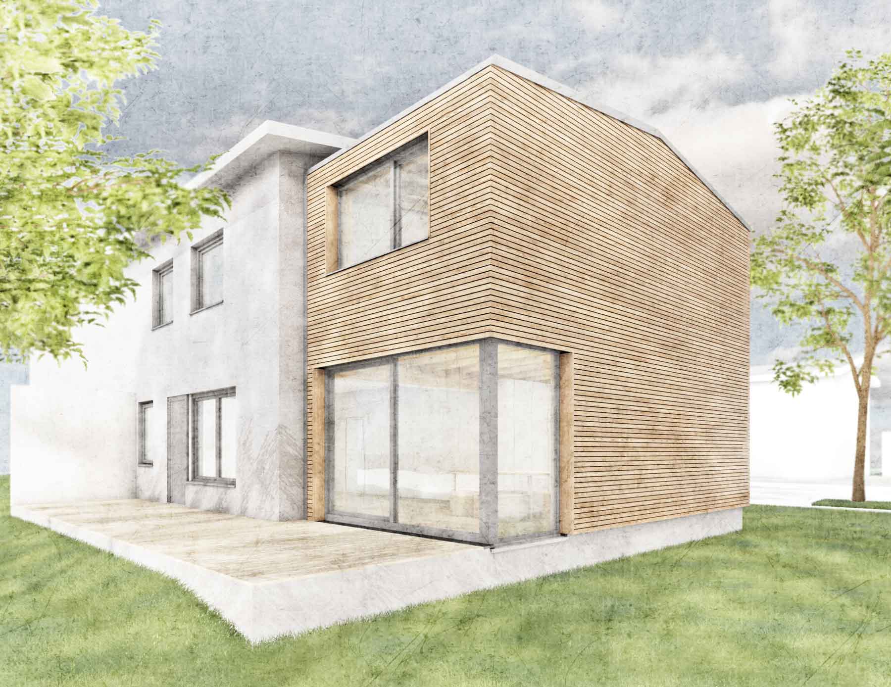 Gartenperspektive - Anbau aus Holz | An- und Umbau einer Doppelhaushälfte für eine Familie | Konstruktiver Holzbau mit Fassade aus Lärchenholz in Berlin
