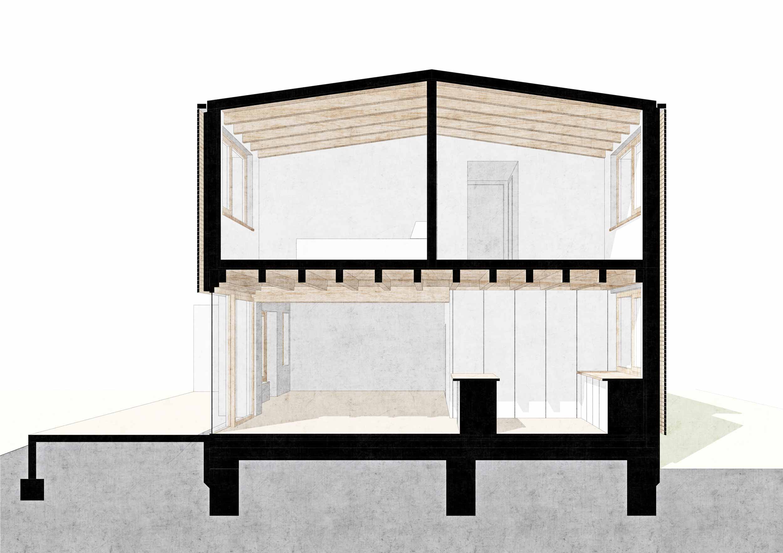 Schnitt - Anbau aus Holz | An- und Umbau einer Doppelhaushälfte für eine Familie | Konstruktiver Holzbau mit Fassade aus Lärchenholz in Berlin
